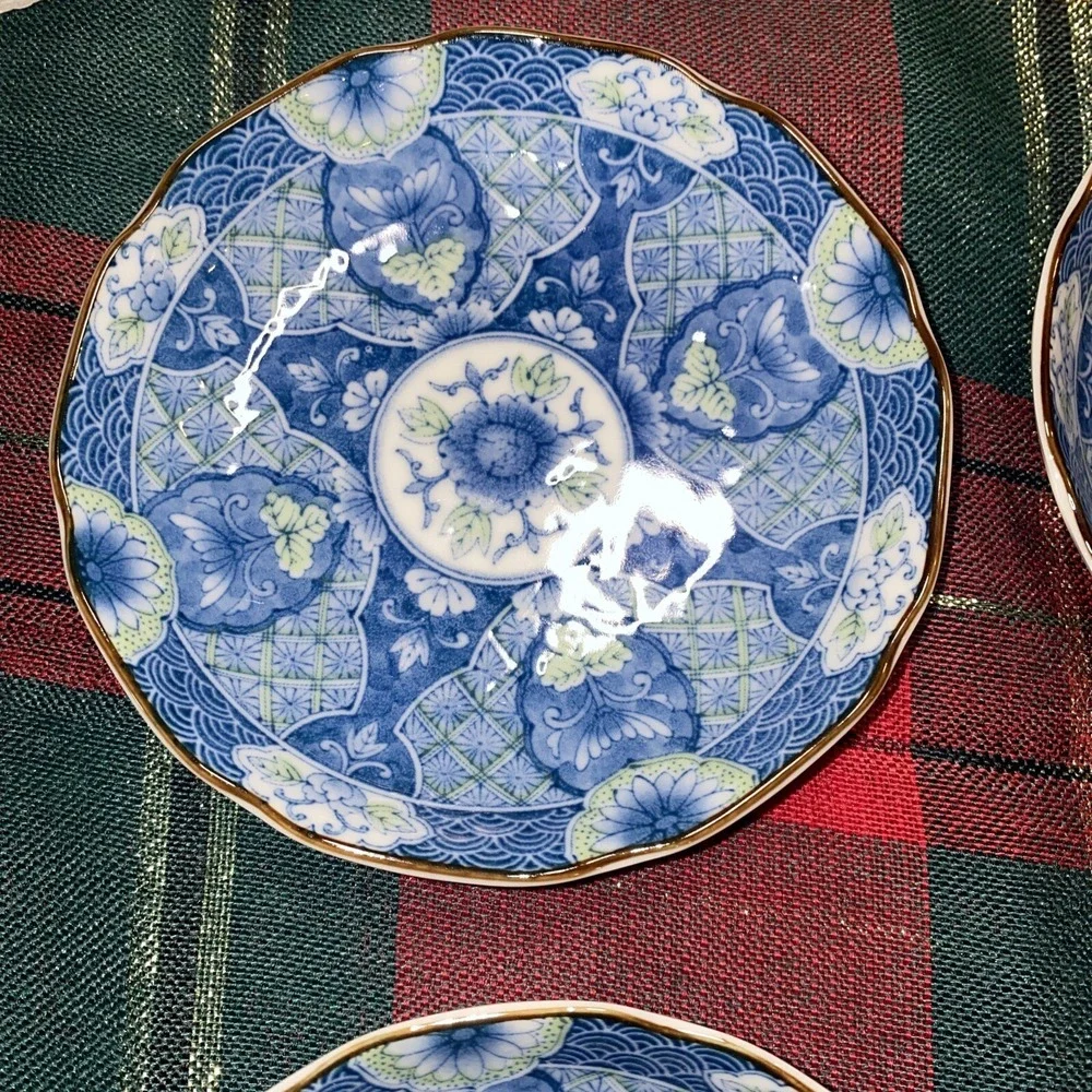 4‎ Hijiri Gama Vintage Japanese Plate Signed Blue White & Green 4.5